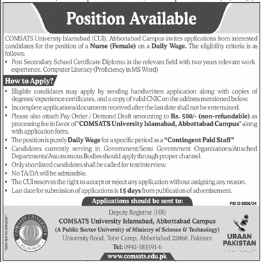 Nurse Jobs in COMSATS University Abbottabad
